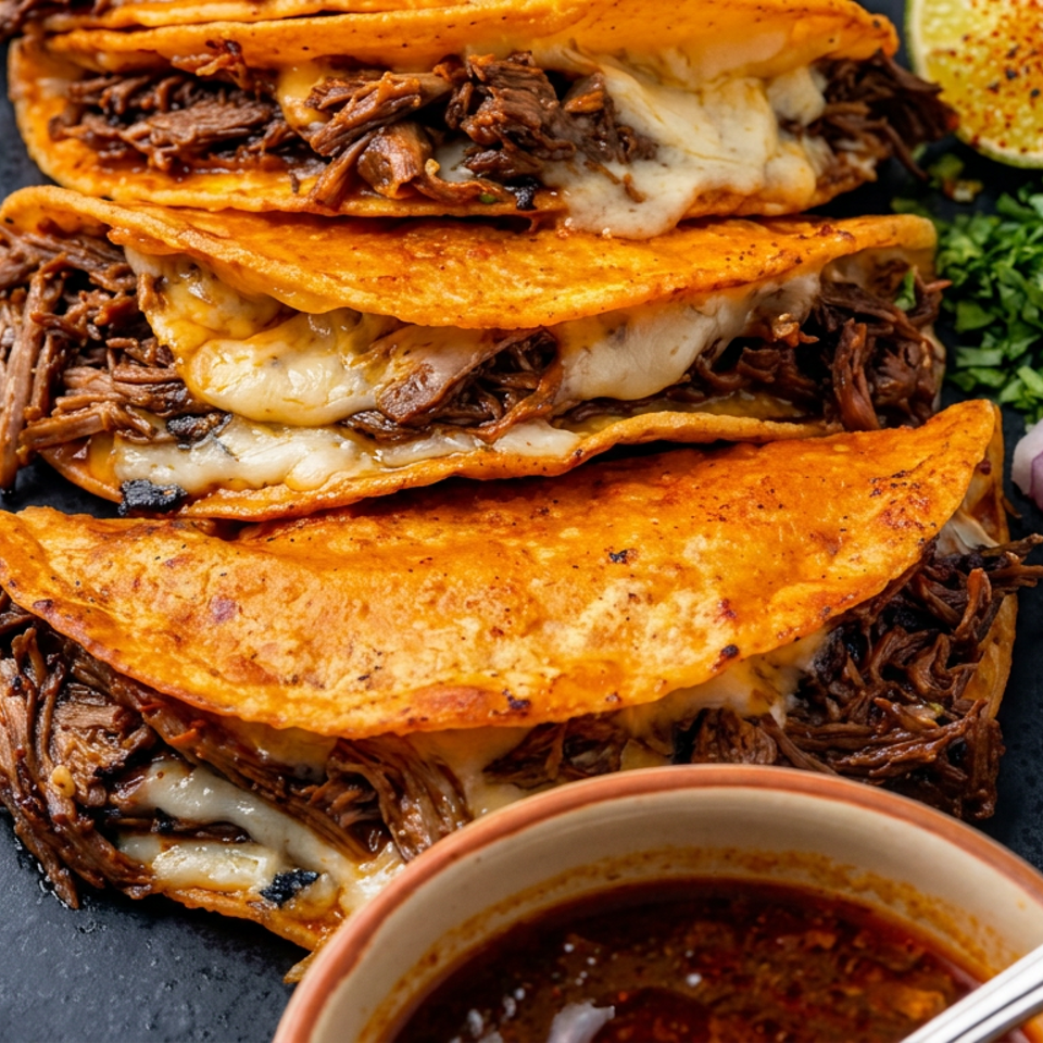 Three crispy birria tacos filled with shredded beef and melted cheese, served with consommé, lime, cilantro, and diced onions.