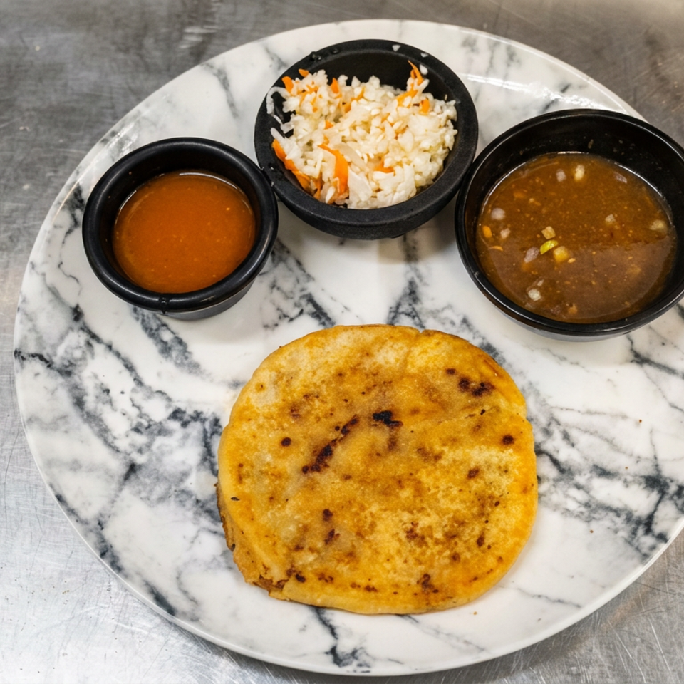 Golden stuffed flatbread served with white rice, orange sauce, and brown lentil curry on a marble plate.