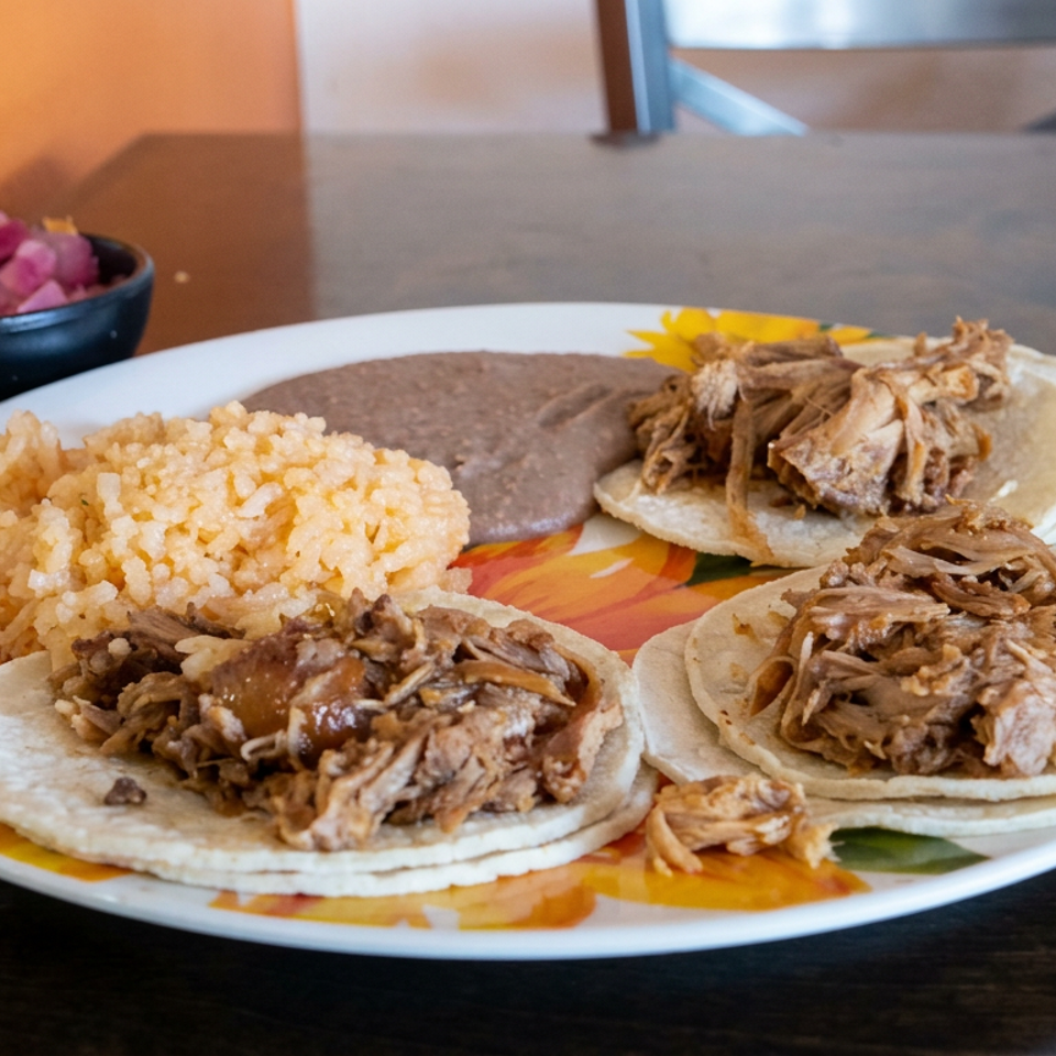 Plate of shredded meat tacos with rice, refried beans, tortillas, and pickled onions on a restaurant table.