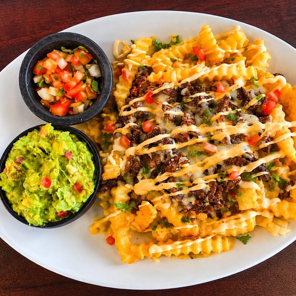 Loaded cheese fries topped with seasoned beef, pico de gallo, and sauces, served with guacamole and salsa.