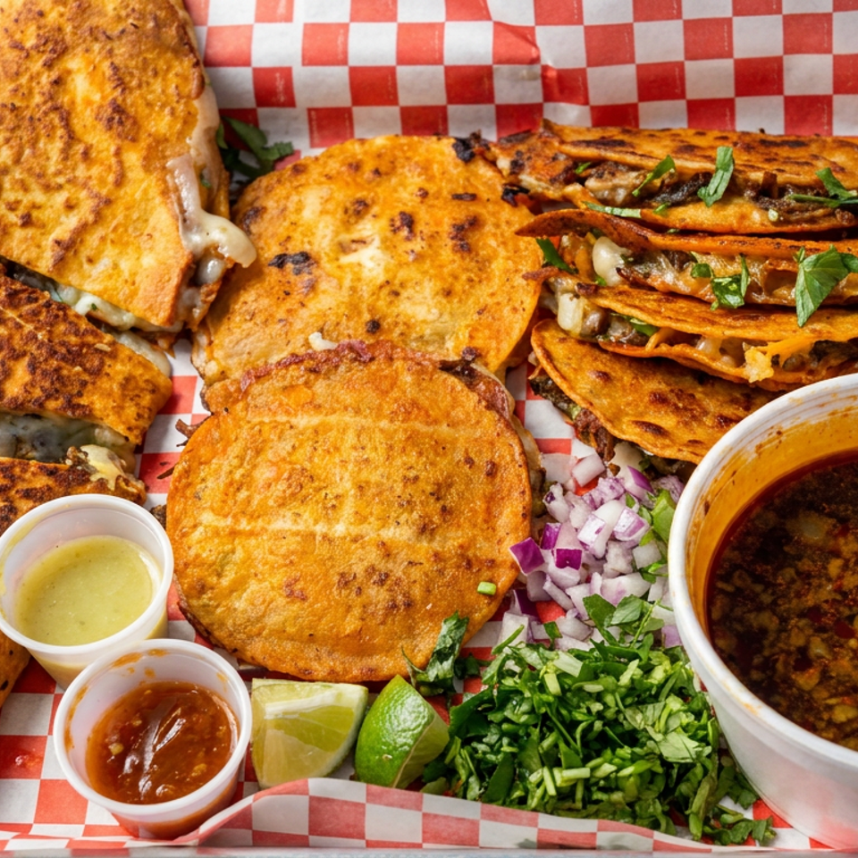 Tray of crispy Mexican tacos and quesadillas with melted cheese, consommé dipping broth, lime, onions, cilantro, and sauces.