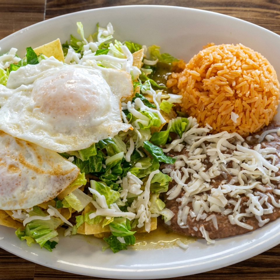 Plate of Mexican-style eggs over lettuce and tortilla chips with orange rice and refried beans topped with shredded cheese.
