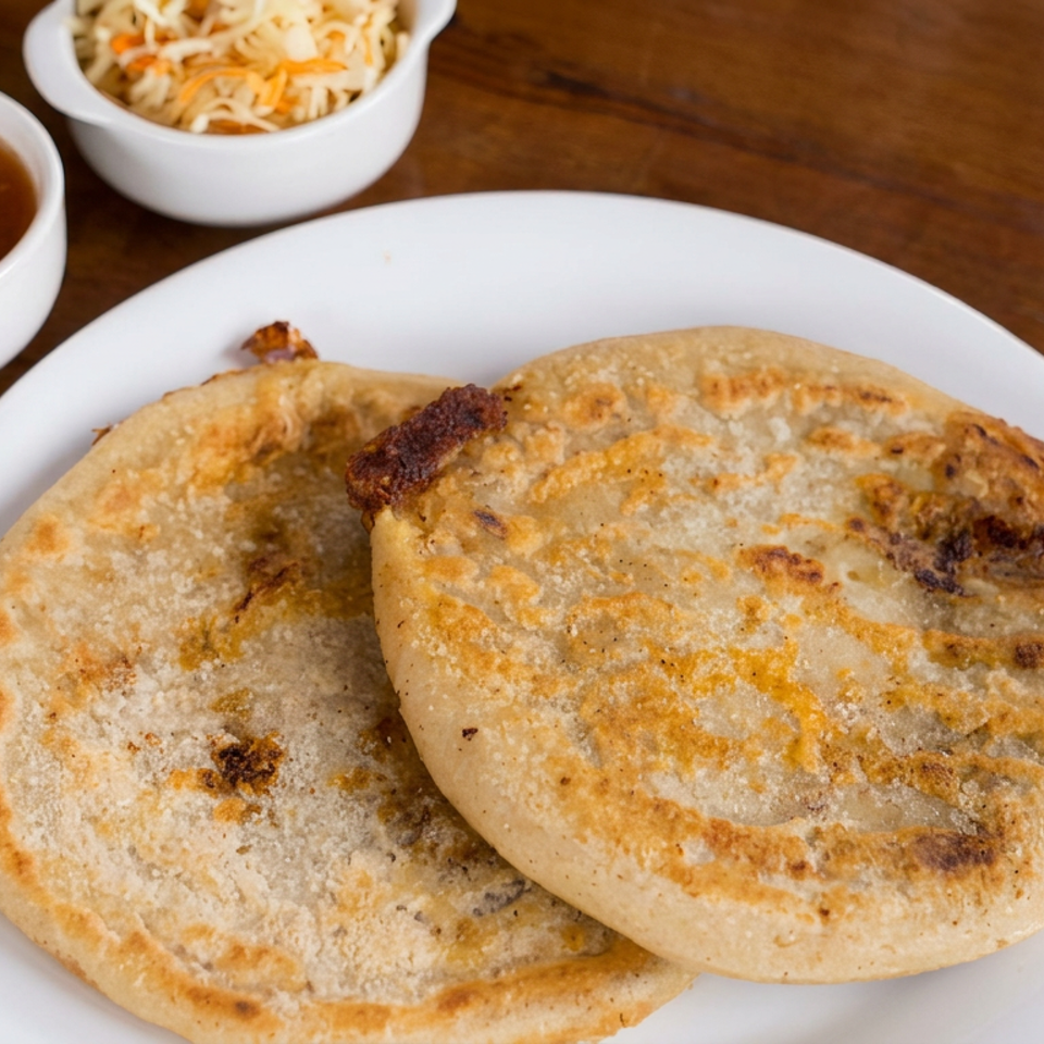 Two golden stuffed flatbreads on a white plate with bowls of reddish dipping sauce and shredded salad on a wooden table.