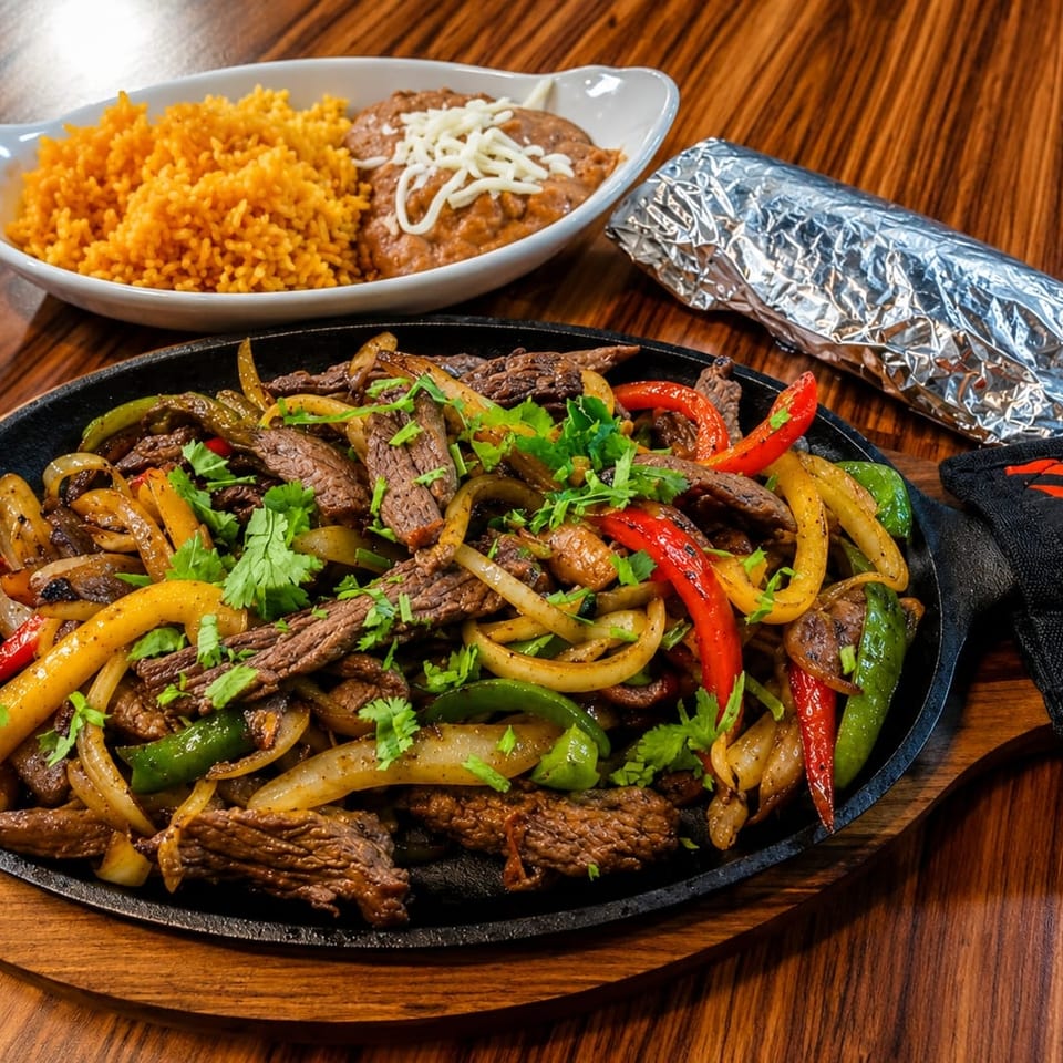Sizzling beef fajitas with onions, peppers, and cilantro served with Mexican rice, beans, and a foil-wrapped tortilla.