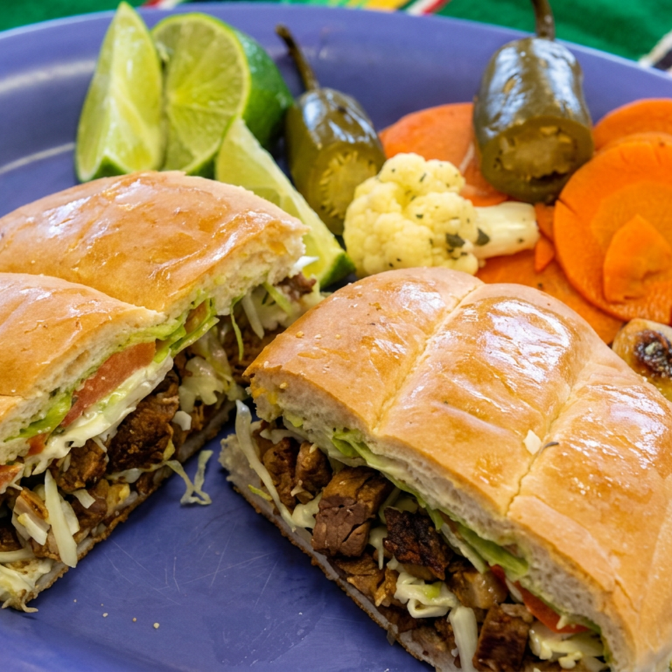 Two toasted meat-filled sandwiches with shredded lettuce sit on a blue plate alongside carrots, pickled peppers, lime wedges, cauliflower, and roasted onions.