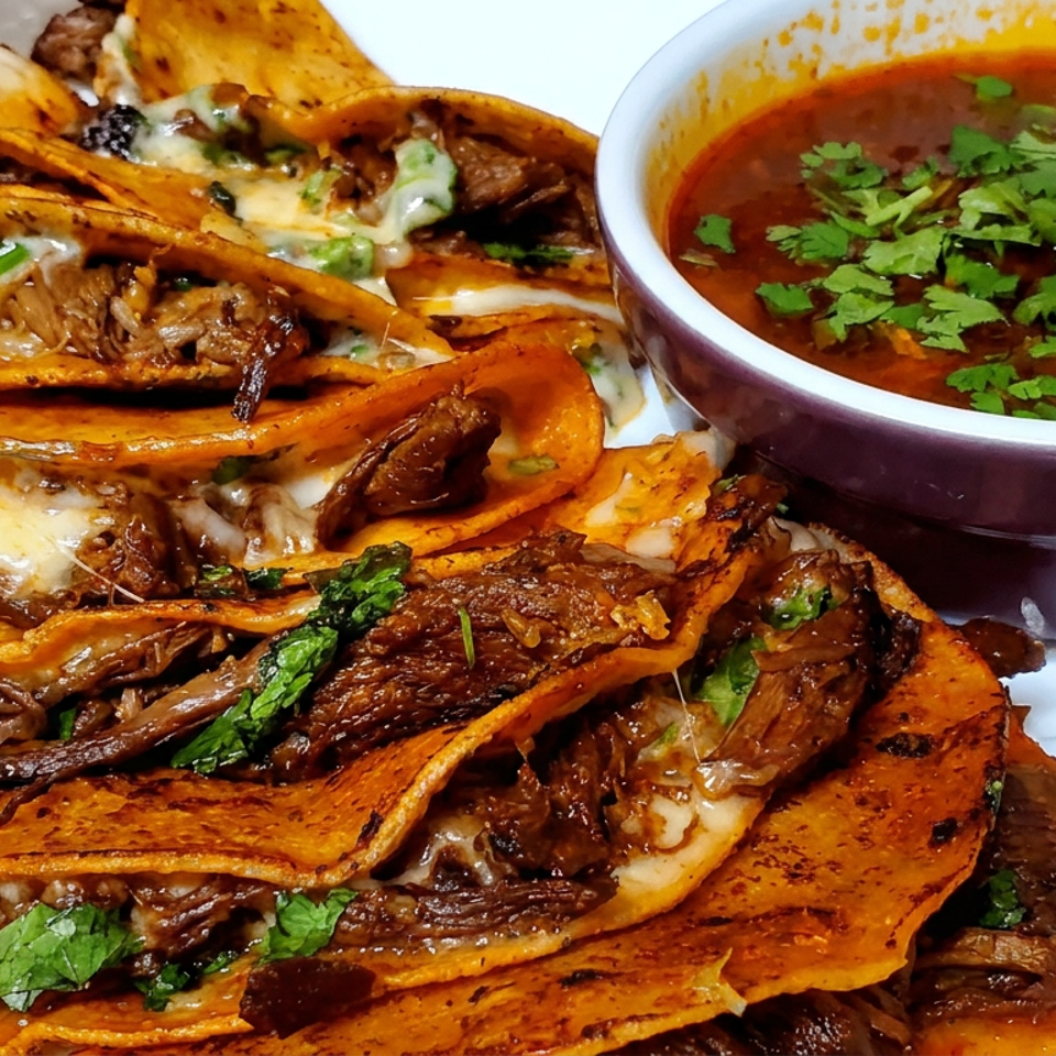 Stacked birria tacos filled with shredded beef and melted cheese, garnished with cilantro, alongside consommé dipping broth.