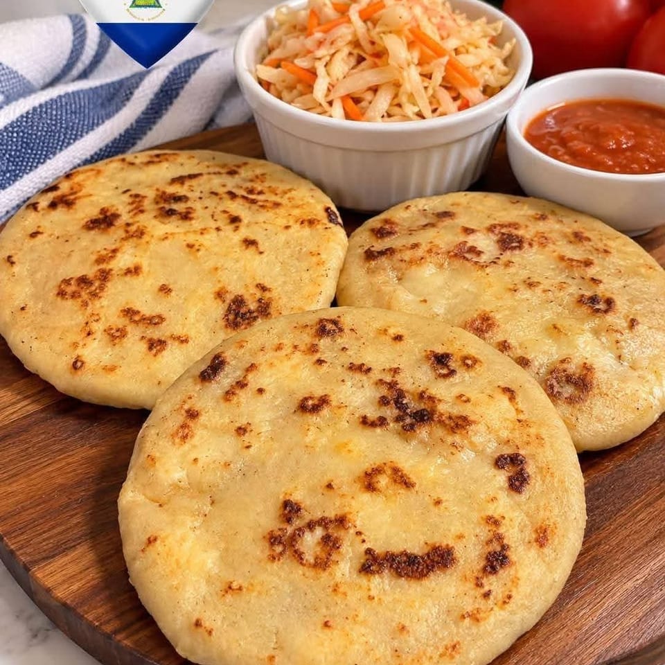 Three grilled corn cakes served with shredded cabbage slaw and red salsa, beside a heart-shaped El Salvador flag decoration.
