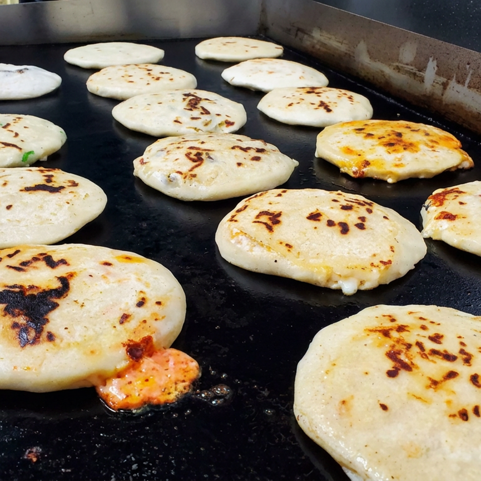Round, lightly browned flatbreads cook on a hot black griddle, with one showing melted orange cheese along its edge.