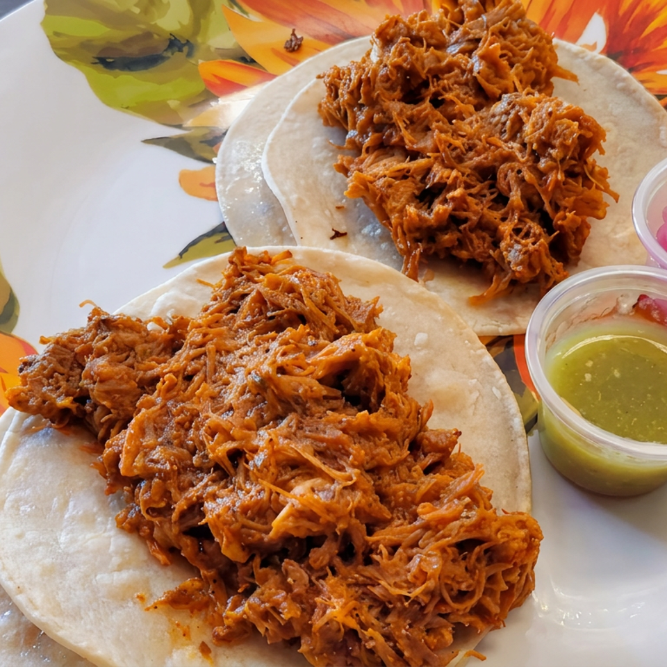 Three tacos topped with crispy shredded filling, served on a colorful floral plate with green salsa and pickled onions.