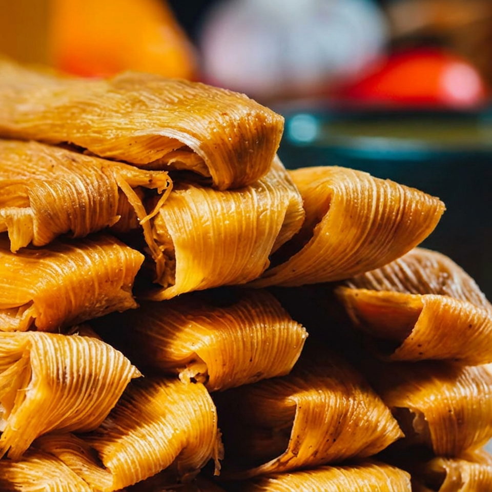 Stack of golden-brown tamales wrapped in corn husks, displayed against a warmly lit, colorful restaurant background.
