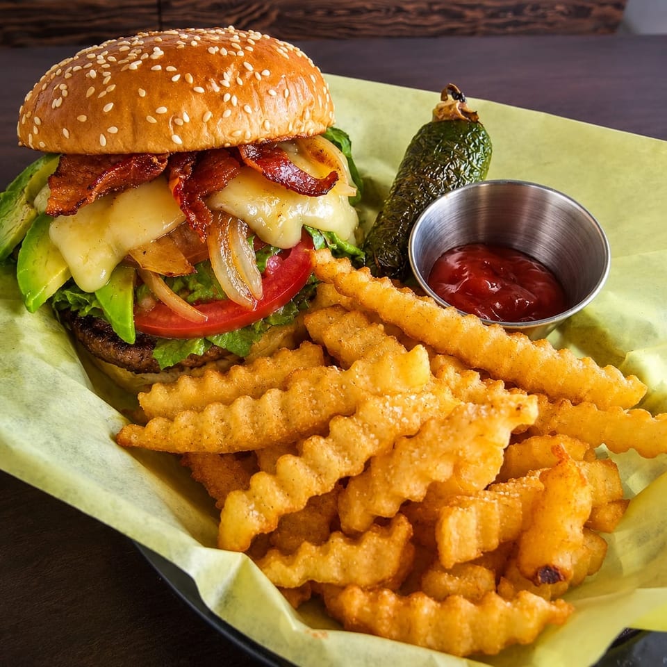 Loaded bacon cheeseburger with avocado, tomato, lettuce, grilled onions, crinkle-cut fries, roasted pepper, and ketchup.